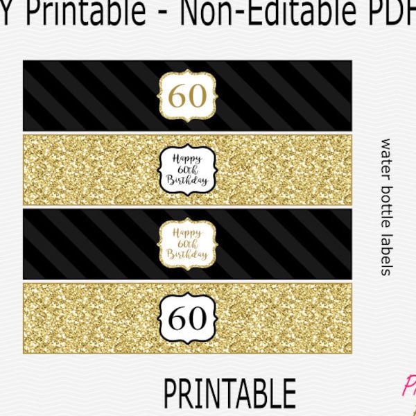 Printable Happy 60th Birthday Water Bottle Labels - Black & Gold Glitter - Birthday Party - 60 - PRINTABLE - INSTANT DOWNLOAD