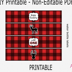Printable Deer Water Bottle Labels - Buffalo Plaid - Red, Black - Happy Birthday - Wild One - PRINTABLE - INSTANT DOWNLOAD
