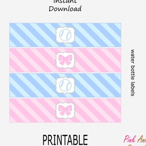 Printable Gender Reveal Water Bottle Labels - Baby Pink, Light Blue - Gender Reveal - Baseballs Bows PRINTABLE - INSTANT DOWNLOAD