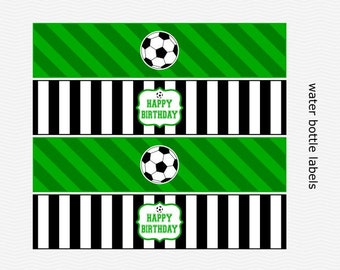 Printable Soccer Ball Happy Birthday Water Bottle Labels - Black & Green - PRINTABLE - INSTANT DOWNLOAD