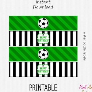 Printable Soccer Ball Happy Birthday Water Bottle Labels - Black & Green - PRINTABLE - INSTANT DOWNLOAD