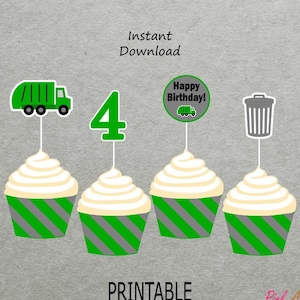 Printable Garbage Truck 4th Birthday Cupcake Toppers and Wrappers - Green & Medium Grey - Trash - Waste - 4 - PRINTABLE - INSTANT DOWNLOAD