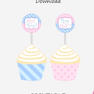Printable Gender Reveal Cupcake Toppers and Wrappers - Baby Pink & Light Blue - Polka Dot Stripes Party Decor - PRINTABLE - INSTANT DOWNLOAD