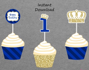 Printable Prince Crown Birthday Cupcake Toppers and Wrappers - Royal Blue & Gold - 1st Birthday - PRINTABLE - INSTANT DOWNLOAD