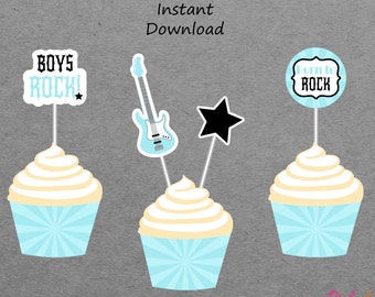 Imprimible guitarra Rockstar Baby Shower Cupcake Toppers y envoltorios - azul bebé y negro - IMPRIMIBLE - DESCARGA INSTANTÁNEA