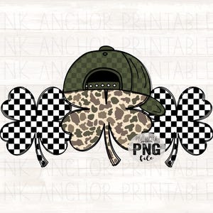 May include: A digital graphic featuring a green and black checkered baseball cap atop a camouflage shamrock. Two additional shamrocks with black and white checkered patterns flank the central shamrock. The text "PINK ANCHOR PNG file" is visible.
