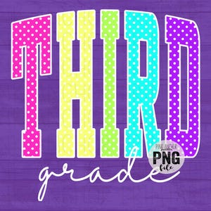 May include: A graphic design for third grade, featuring the word "THIRD" in large, colorful, polka-dotted letters. The word "grade" is written in a cursive font below. The background is a purple wood grain texture.