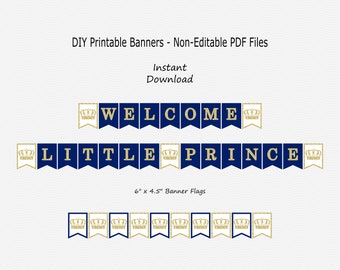 Welcome Little Prince Banner with Crowns - Navy Blue & Gold Glitter - Royal Prince Boy Baby Shower - PRINTABLE - INSTANT DOWNLOAD