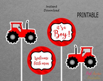 Printable Tractor Centerpieces Boy Baby Shower - Red & Black - PRINTABLE - INSTANT DOWNLOAD