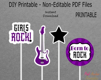 Printable Centerpieces - Guitar, Star - Rockstar Baby Shower - Dark Purple & Black Girls Rock - Born to Rock - PRINTABLE - INSTANT DOWNLOAD