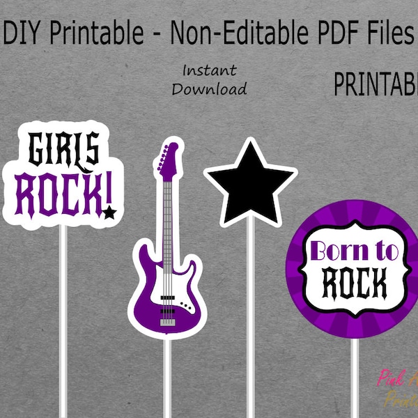 Printable Centerpieces - Guitar, Star - Rockstar Baby Shower - Dark Purple & Black Girls Rock - Born to Rock - PRINTABLE - INSTANT DOWNLOAD