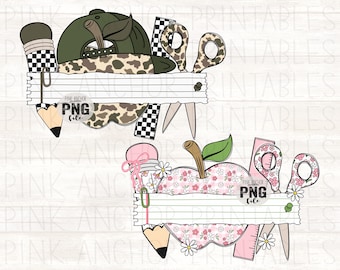 Instant Download 2 Separate Designs Girl Boy Floral Camo Bow Hat Gingham Back to School Png File Bundle Printable Design