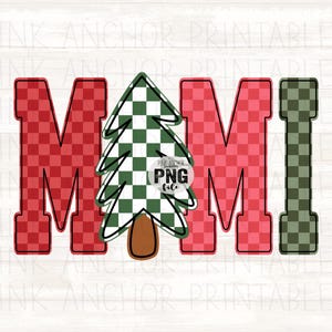 Puede incluir: Un diseño digital con la palabra "MAMI" en una fuente en negrita y en bloques. Las letras "M" e "I" son rojas con un patrón de cuadros, mientras que la "A" es un árbol de Navidad a cuadros verde y blanco. El diseño incluye el texto "PINK ANCHOR PRINTABLES" y "PNG file".