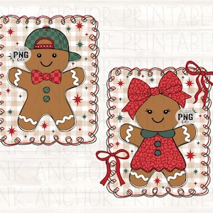 Instant Download 2 Separate Designs Girl Boy Preppy Gingerbread Bow Hat Checker Christmas Png File Bundle Printable Dtf Sublimation Design