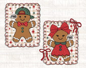May include: Two gingerbread cookie designs. One wears a green and black cap and a red bow tie. The other wears a red leopard print dress and a red bow. Both are on a plaid background with red and green borders.