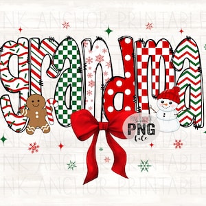 Instant Download Grandma Christmas Snowflake Stripes Polka Dot Patterns Gingerbread Snowman Red Green Png Printable Dtf Sublimation Design