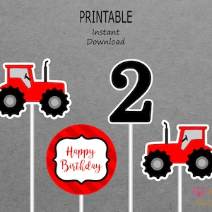 Printable Centerpieces - Tractor - Boy 2nd Birthday - Red & Black - 2 - PRINTABLE - INSTANT DOWNLOAD