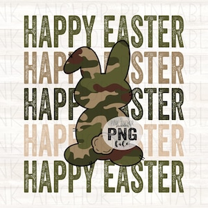 May include: A digital graphic with a camouflage Easter bunny design. The words "HAPPY EASTER" are repeated vertically in green and beige, creating a festive background. The image includes a "PNG file" logo.