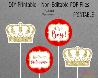 Printable Prince Crown Centerpieces Boy Baby Shower - Red & Gold - PRINTABLE - INSTANT DOWNLOAD