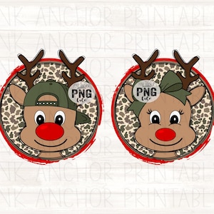 May include: Two cartoon reindeer faces with red noses, antlers, and a leopard print background. One reindeer wears a green cap, the other a green bow. The image has the text "PINK ANCHOR PRINTABLES" and "PNG file".