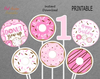 Printable Donut Centerpieces Girl - 1st Birthday - Pink & Brown - 1 - PRINTABLE - INSTANT DOWNLOAD