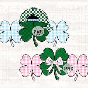 May include: Two shamrock designs with a St. Patrick's Day theme. One features a green and white checkered baseball cap atop a green shamrock with blue and white checkered shamrocks. The other has a pink bow and pink and white checkered shamrocks.
