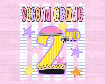 2nd Grade Second Png Back to School Girl Preppy Stripes Pencil Doodle Paper Printable Design Instant Download