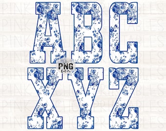 Instant Download blauwe bloemen Toile alfabet ABC Alpha Pack bundel Letter A-Z png-bestanden Clip Art afdrukbare ontwerpen