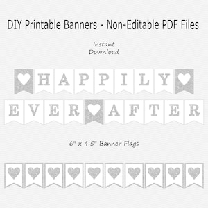 Happily Ever After Banner with Hearts - White & Silver Sparkle - PRINTABLE - INSTANT DOWNLOAD