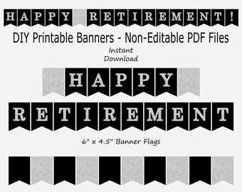 Happy Retirement Banner - Black & Silver Sparkle - PRINTABLE - INSTANT DOWNLOAD