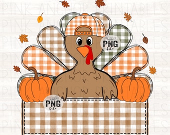 May include: A cartoon turkey wearing a plaid baseball cap and surrounded by autumn leaves and pumpkins. The turkey has a brown body, orange beak and wattle, and is set against a white background. The image includes the text "PINK ANCHOR PNG file".