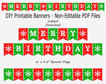 Merry Birthday Banner - Red & Green - Christmas Birthday Party Sign - Bunting - Decoration - Snowflake Decor - PRINTABLE - INSTANT DOWNLOAD