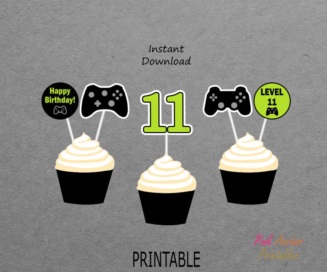 Gaming 11th Birthday Cupcake Toppers and Wrappers - Lime Green & Black ...