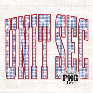May include: A digital design featuring the word "UNITED" in a bold, stylized font. The letters are filled with a blue and white gingham pattern and white stars, outlined in red. The design includes the text "PINK ANCHOR PRINTABLES PNG file".