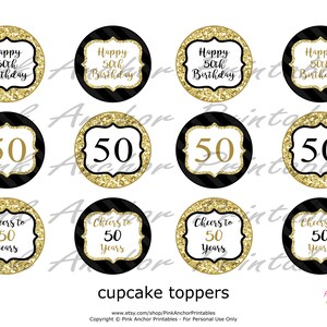 Printable 50th Birthday Cupcake Toppers and Wrappers - Gold &amp; Black ...