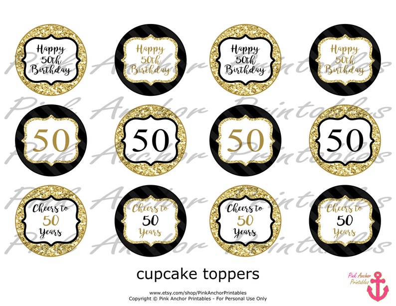 Printable 50th Birthday Cupcake Toppers and Wrappers Gold &amp; - Etsy