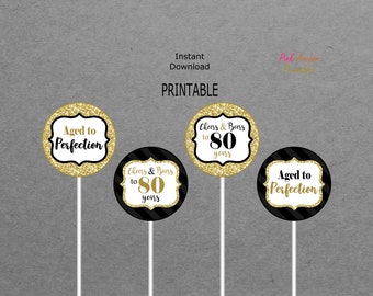 Printable 80th Birthday Centerpieces - Black Gold - Aged to Perfection - Cheers & Beers to 80 Years - PRINTABLE - INSTANT DOWNLOAD