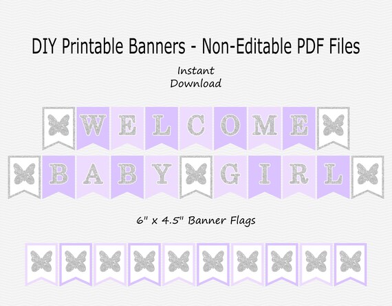 Welcome Baby Girl Banner With Butterflies Pale Purple Pastel Purple Silver Sparkle Printable Instant Download
