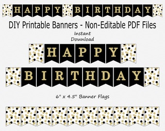 Happy Birthday Banner - Black & Gold Glitter - Confetti Dots - Birthday Party Sign - PRINTABLE - INSTANT DOWNLOAD