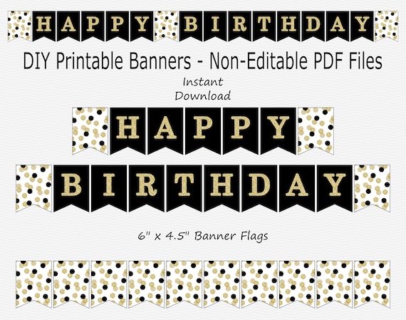 Happy Birthday Banner Black Gold Glitter Confetti Dots Etsy