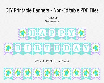 Happy Birthday Banner - Light Purple & Aqua Blue - Sea Turtle Birthday Party Bunting - PRINTABLE - INSTANT DOWNLOAD