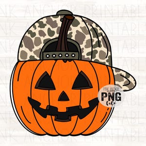 May include: An orange pumpkin wearing a camouflage baseball cap. The pumpkin has a carved jack-o'-lantern face with triangular eyes and a smiling mouth. The image includes the text "PINK ANCHOR PNG file".