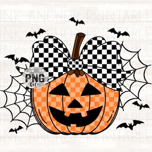 May include: A digital illustration of a Halloween pumpkin with a checkered bow, jack-o'-lantern face, and spiderwebs. Black bats are scattered around the pumpkin. The pumpkin is orange with a checkered pattern.