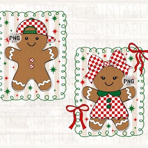 May include: Two gingerbread people illustrations. One wears a red and white chequered baseball cap, the other a matching bow and dress. Both are framed with green and red accents on a striped background. The text "PNG file" is visible.