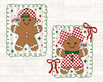 May include: Two gingerbread people illustrations. One wears a red and white chequered baseball cap, the other a matching bow and dress. Both are framed with green and red accents on a striped background. The text "PNG file" is visible.