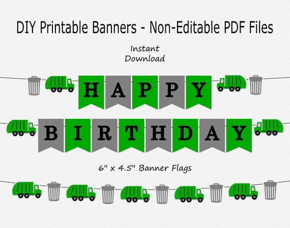 Happy Birthday Banner Green, Grey & Black Garbage Truck, Trash Can.