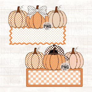 Puede incluir: Una ilustración digital que presenta dos filas de calabazas naranjas y blancas. La fila superior incluye una calabaza a cuadros, una calabaza de lunares con un lazo y una calabaza a rayas sobre un marco rectangular festoneado. La fila inferior muestra una calabaza a cuadros, una calabaza de lunares con una gorra de béisbol y una calabaza a rayas sobre un marco rectangular a cuadros.