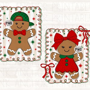 Instant Download 2 Separate Designs Girl Boy Preppy Gingerbread Bow Hat Checker Christmas Png File Bundle Printable Dtf Sublimation Design