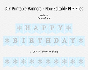 Happy Birthday Banner - Pale Blue, White & Silver Sparkle - Snowflake - Winter - Boy Birthday Party - PRINTABLE - INSTANT DOWNLOAD