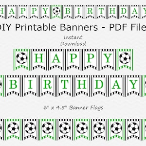 Happy Birthday Banner - Green & Black - Soccer - PRINTABLE - INSTANT DOWNLOAD